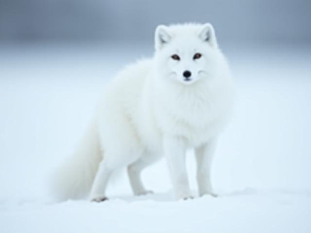 Arctic fox in its winter coat against a snowy backdrop, viewed from a distance