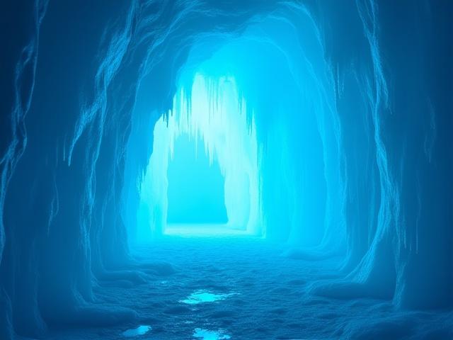 Stunning blue ice cave with glowing light
