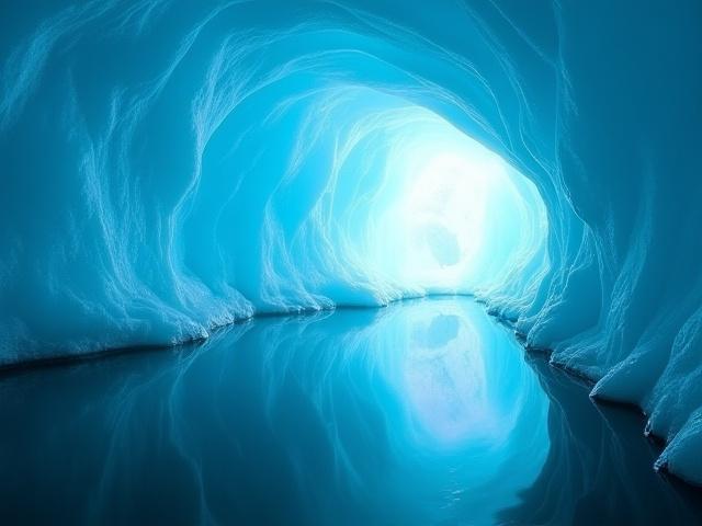 Intricate ice cave with water reflections